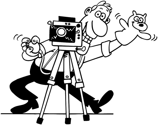 Photographer with hand puppet vinyl sticker. Customize on line. Photos and Films 073-0112